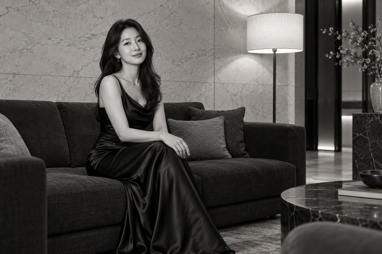 소파에 편안하게 앉아 있는 블랙 드레스 여성의 흑백 패션 화보